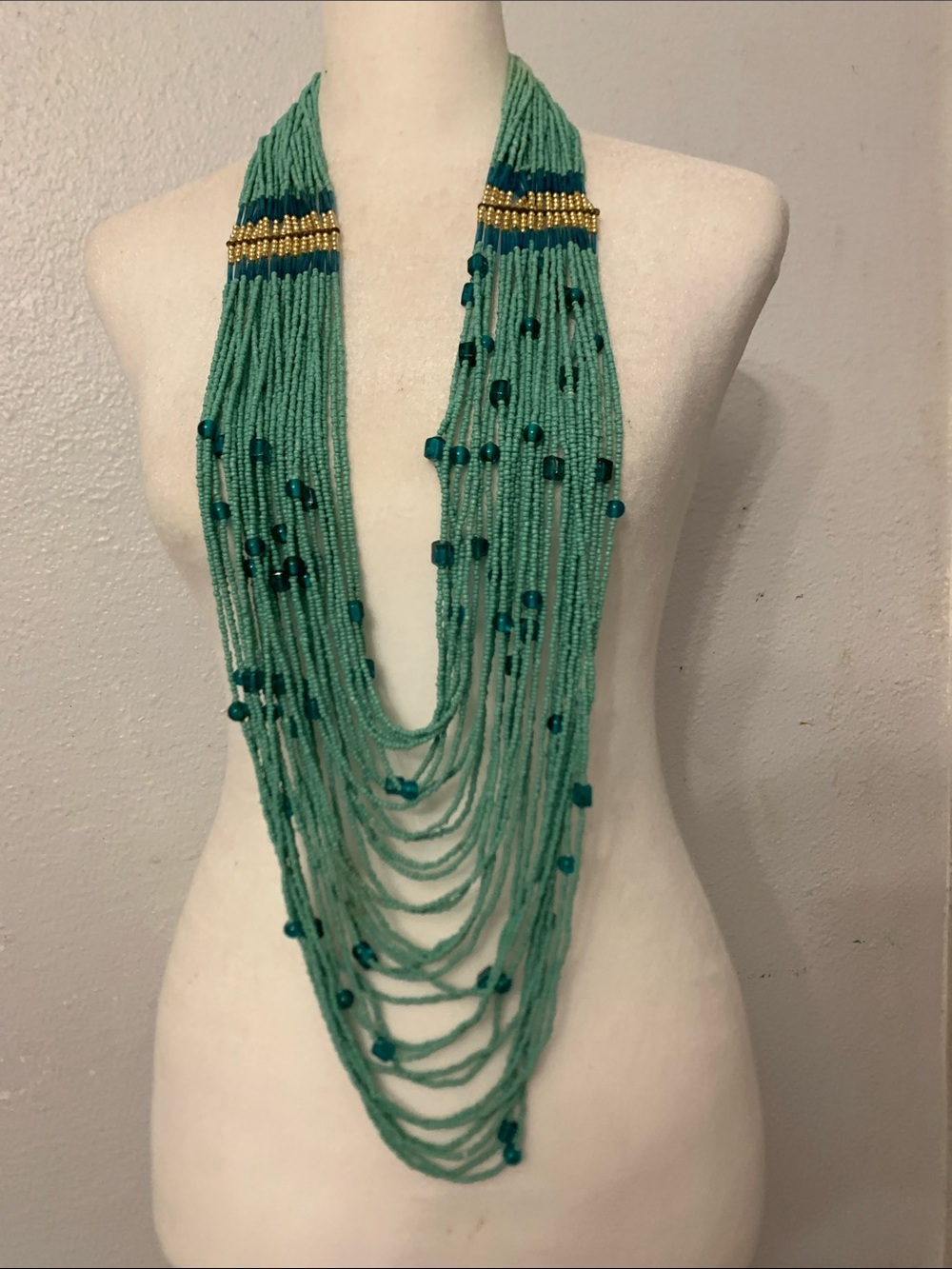 Vintage 60s Multi-Strand Teal Beaded Statement Necklace with Gold Accents